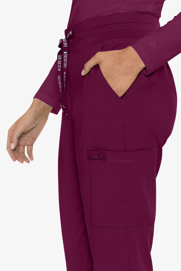 Med Couture Touch Women's 6-Pocket STRETCH High Waisted Double Cargo Jogger Scrub Pants - Wine - 2