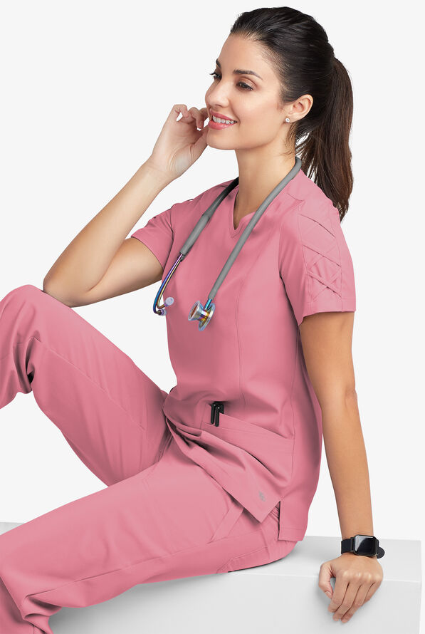 Easy STRETCH Kylie Woman's 5 Pocket V-Neck With Criss-Cross Detail Scrub Top - Cashmere Rose - 8