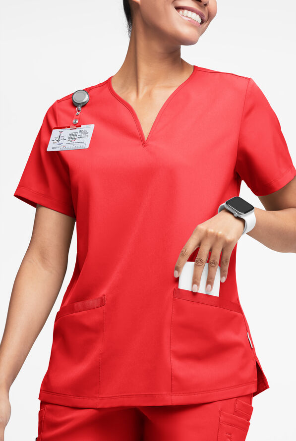 WhisperLite Dahlia Women's 4-Pocket Stretch Notched Neck Scrub Top - Diva Red - 1