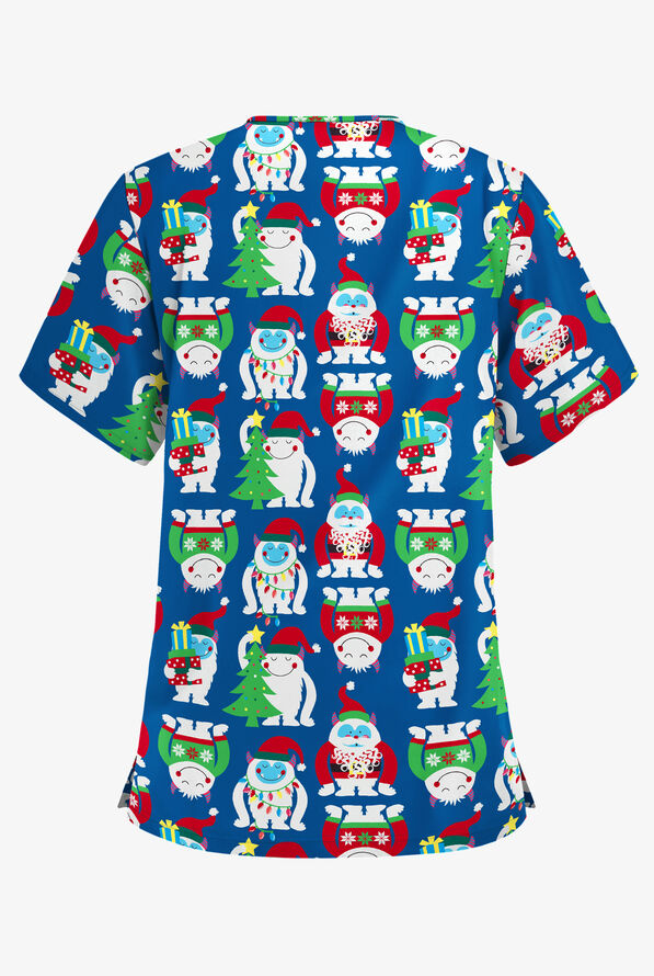 Butter-Soft Happy Monsters Royal Women's 3-Pocket V-Neck Print Scrub Top - null - 2