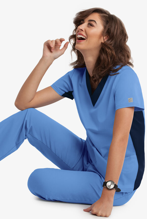 Butter-Soft STRETCH Women's 3-Pocket Contrast Scrub Top - Ceil/Navy - 5