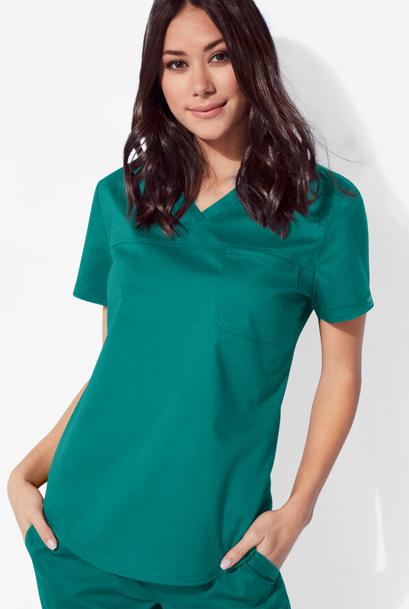 Cherokee Workwear Revolution Women's 1-Pocket STRETCH Tuck In V-Neck Scrub Top - Teal - 3