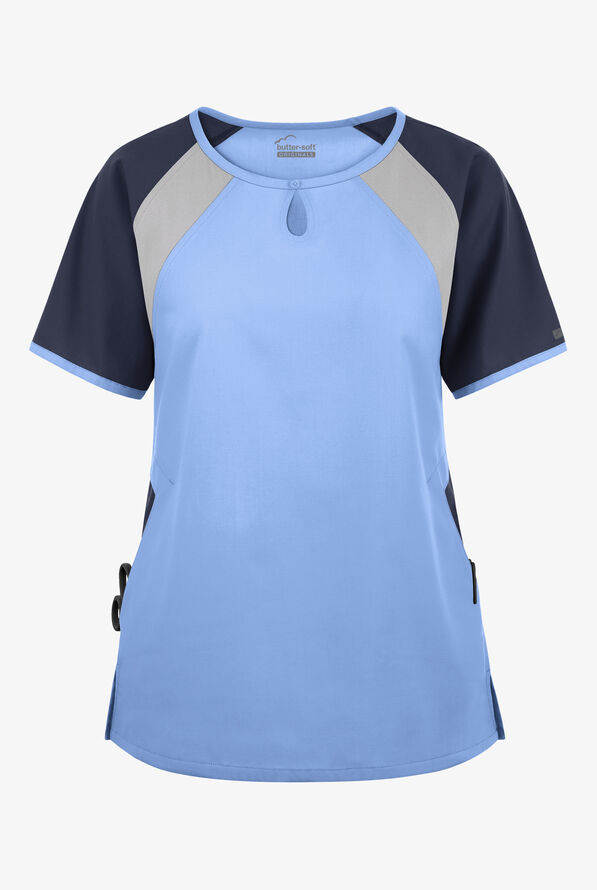 Blusa médica Butter-Soft Originals Tri-Colorblock con cuello ojo de cerradura y 3 bolsillos para mujer - Ceil/Navy/Silver - 1