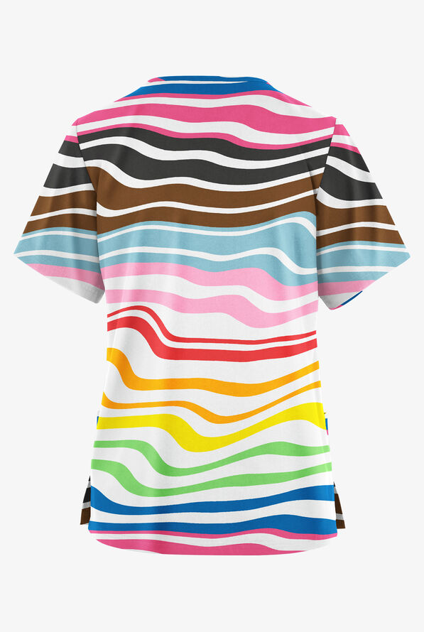 Butter-Soft Originals Wavy Stripe Women's 2-Pocket Classic Fit V-Neck Print Scrub Top - null - 2