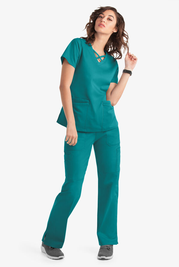 Blusa m&eacute;dica UA Butter-Soft STRETCH con lazos entrecruzados y 4 bolsillos para mujer - Teal - 6