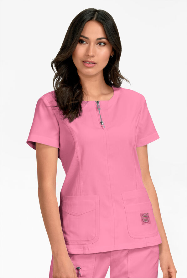 koi Lite™ Serenity Women's 4-Pocket Double Zipper Scrub Top - Peony Pink - 2