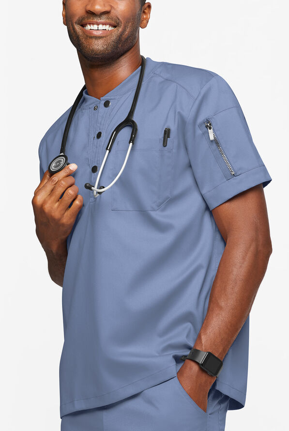 Advantage STRETCH Men's 2-Pocket Short Sleeve Henley Scrub Top - Ceil Blue - 2