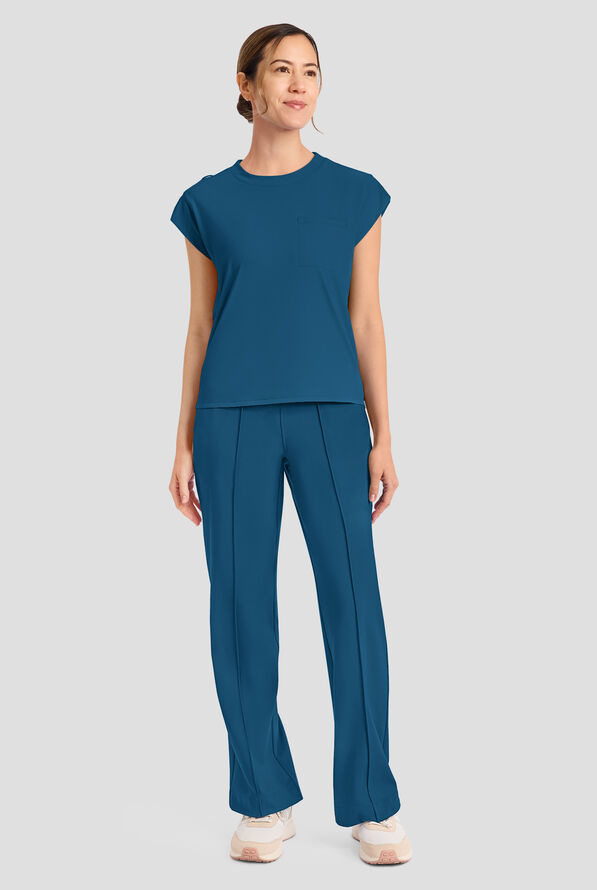 Cherokee Achieve Women's 1-Pocket STRETCH Raglan Sleeve Crew Neck Knit Scrub Top - Caribbean Blue - 4