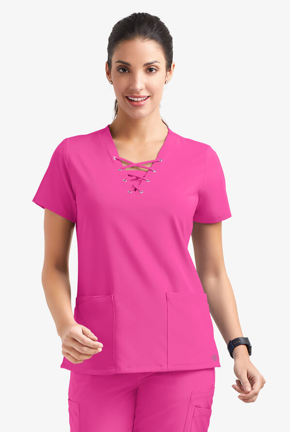 Easy STRETCH Gisele Women's 4-Pocket Lace Up V-Neck Scrub Top - Glam Pink - 2
