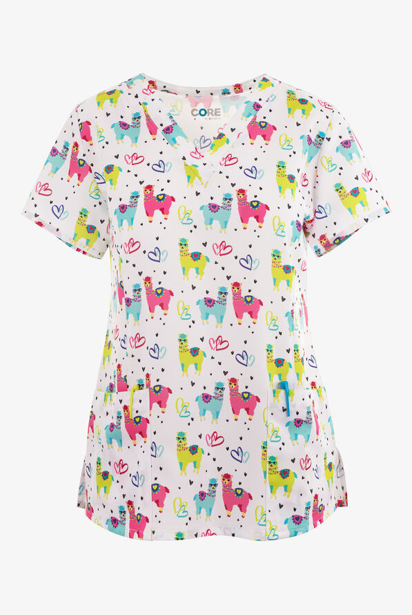 Maevn Llama Momma Hearts Women's 3-Pocket V-Neck Print Scrub Top - null - 1