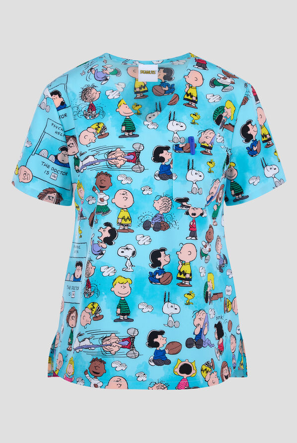 Tooniforms Peanuts Goodness And Grief Women's 1-Pocket STRETCH V-Neck Print Scrub Top - null - 1