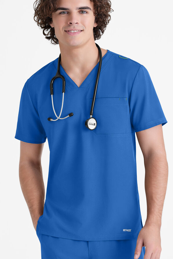 Grey's Anatomy by Barco Evolve STRETCH Journey Men's 1-Pocket Tuck In V-Neck Scrub Top - Royal - 2