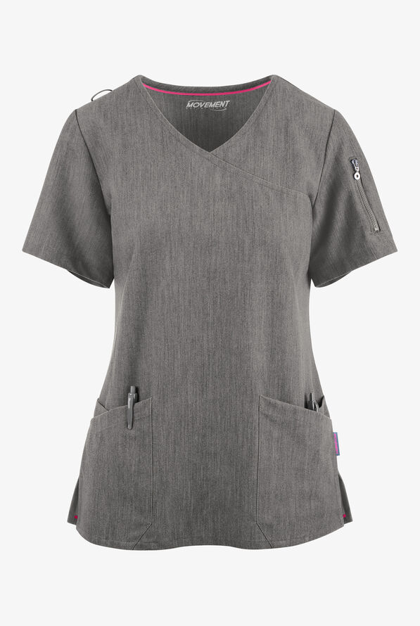 MOVEMENT by Butter-Soft Capella Women's 5-Pocket Faux Wrap STRETCH Scrub Top - Graphite Heather - 1