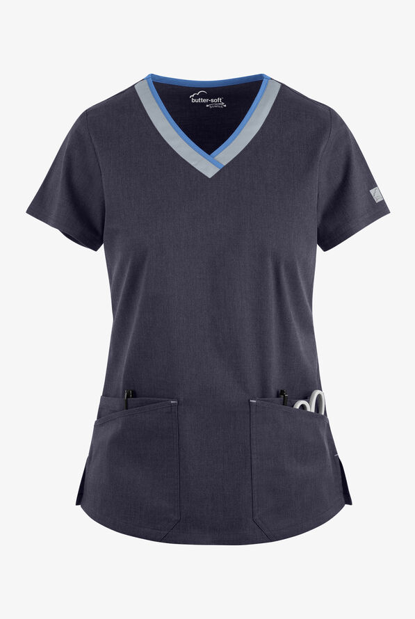 Blusa médica UA Butter-Soft STRETCH Active con cuello en V redondeado y 4 bolsillos para mujer - Indigo Denim/Silver/Ceil - 1