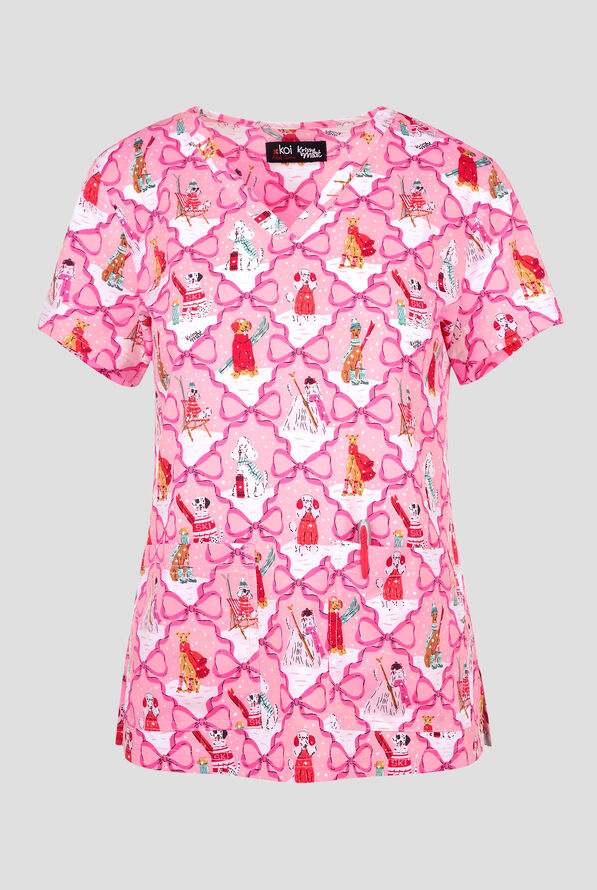 koi Basics Ski Dogs Women's 2-Pocket STRETCH V-Neck Print Scrub Top - null - 1