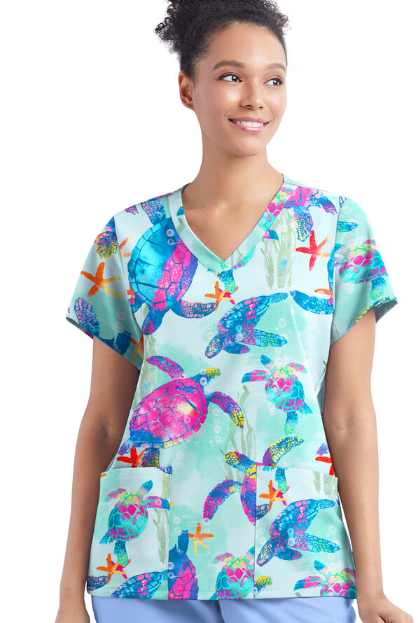 Happy Scrubs Turtle Journey Galaxy Women's 4-Pocket Rounded V-Neck Print Scrub Top - null - 2