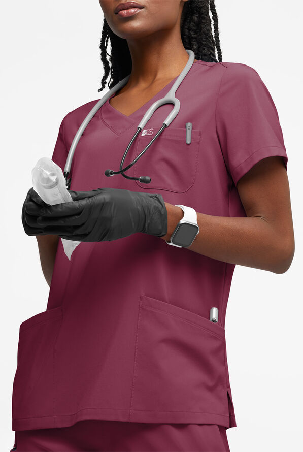 Blusa médica Easy STRETCH Tessa con cuello en V y 5 bolsillos para mujer - Wine - 2