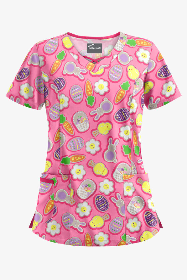 Butter-Soft Easter Cookies Ballet Pink Women's 3-Pocket Criss Cross Print Scrub Top - null - 1