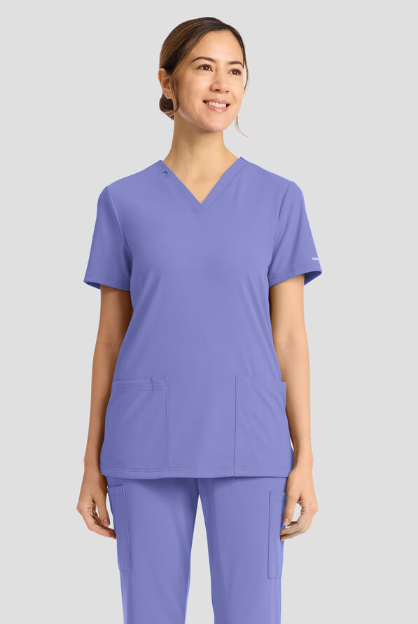 Cherokee Achieve Women's 2-Pocket STRETCH Knit V-Neck Scrub Top - Ceil Blue - 2