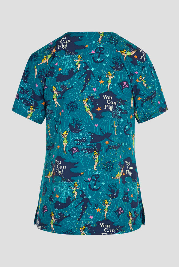 Tooniforms Disney's Tinker Bell Flight Women's 2-Pocket STRETCH V-Neck Print Scrub Top - null - 2