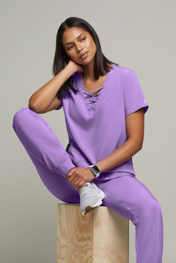 Easy STRETCH Gisele Women's 4-Pocket Lace Up V-Neck Scrub Top - Wine - 7