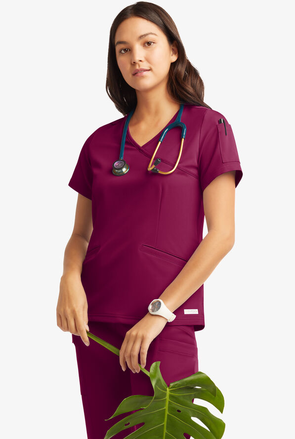 Butter-Soft Women's 5-Pockets Faux Wrap Scrub Top **Slightly IRREGULAR** - Wine - 6