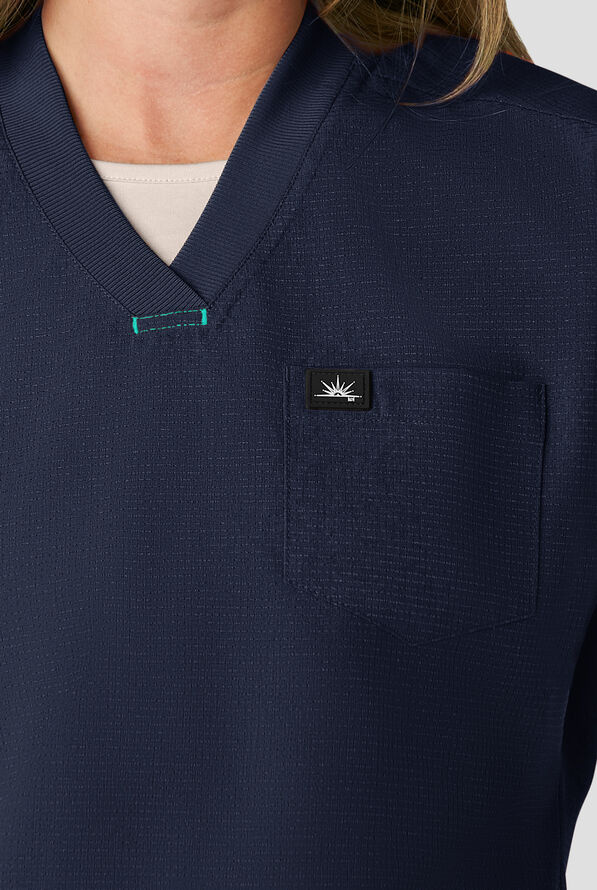 koi Solis Trinity Women's 1-Pocket STRETCH Banded Bottom Split V-Neck Scrub Top - Navy - 3