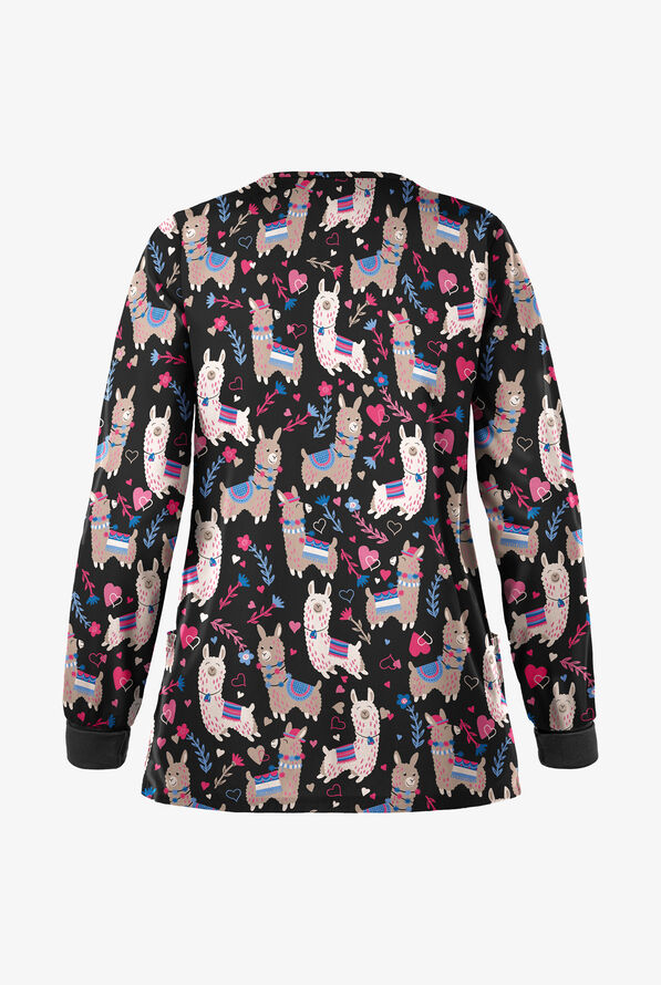 Butter-Soft Llama Party Black Printed Women's 2-Pocket Warm Up Scrub Jacket - null - 2