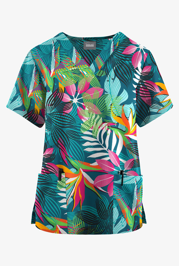 Blusa médica estampada Butter-Soft Originals Kaleidoscope Jungle de corte clásico con cuello en V y 2 bolsillos para mujer - null - 1