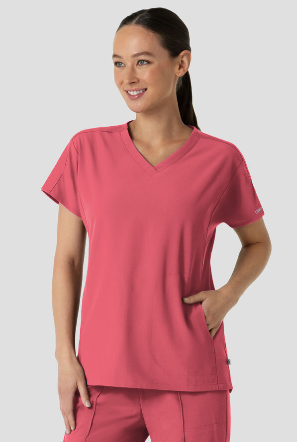 Wink Renew Women's 2-Pocket STRETCH Knit-Trim Dolman Tunic V-Neck Scrub Top - Ruby - 3