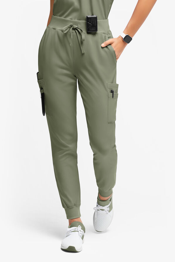 WhisperLite YARA Women's 10-Pocket Cargo Jogger Scrub Pants - Olive Leaf - 1