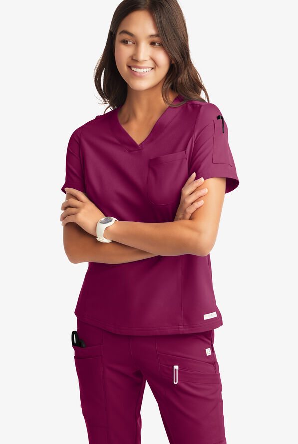 Butter-Soft Women's 3-Pocket V-Neck Tuck-In Scrub Top **Slightly IRREGULAR** - Wine - 7