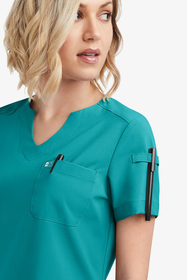 Easy STRETCH Nikki Women's 1-Pocket Scallop Neck Tuck-In Scrub Top - Teal - 3