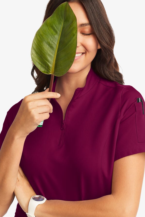 Butter-Soft Women's 5-Pocket Zipper Neck Short Sleeve Scrub Top **Slightly IRREGULAR** - Wine - 7