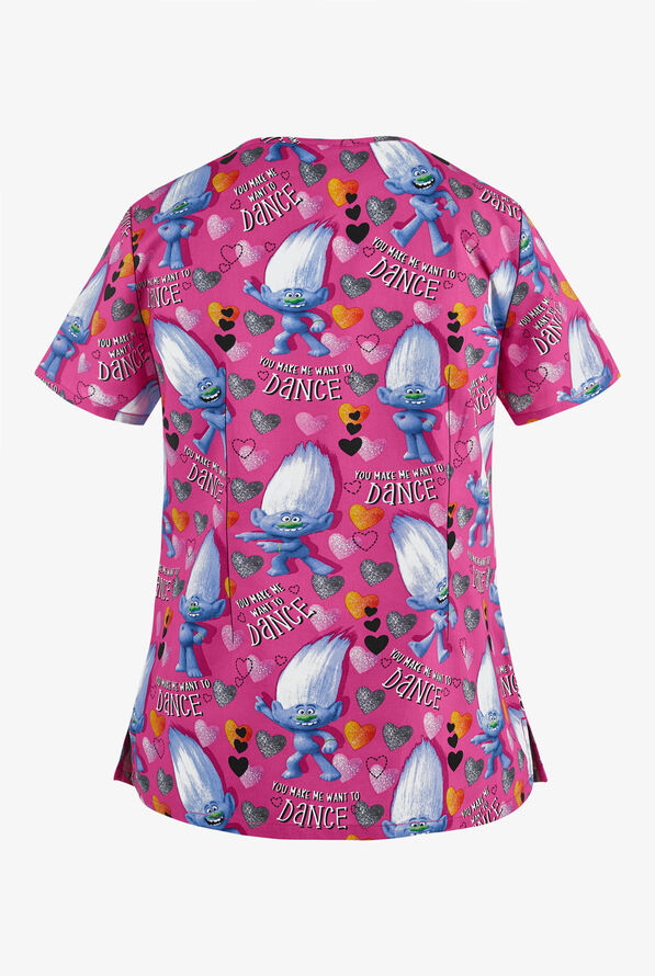 Blusa médica estampada Cherokee Tooniforms DreamWorks Trolls Diamond Dance con cuello en V y 3 bolsillos para mujer - null - 2