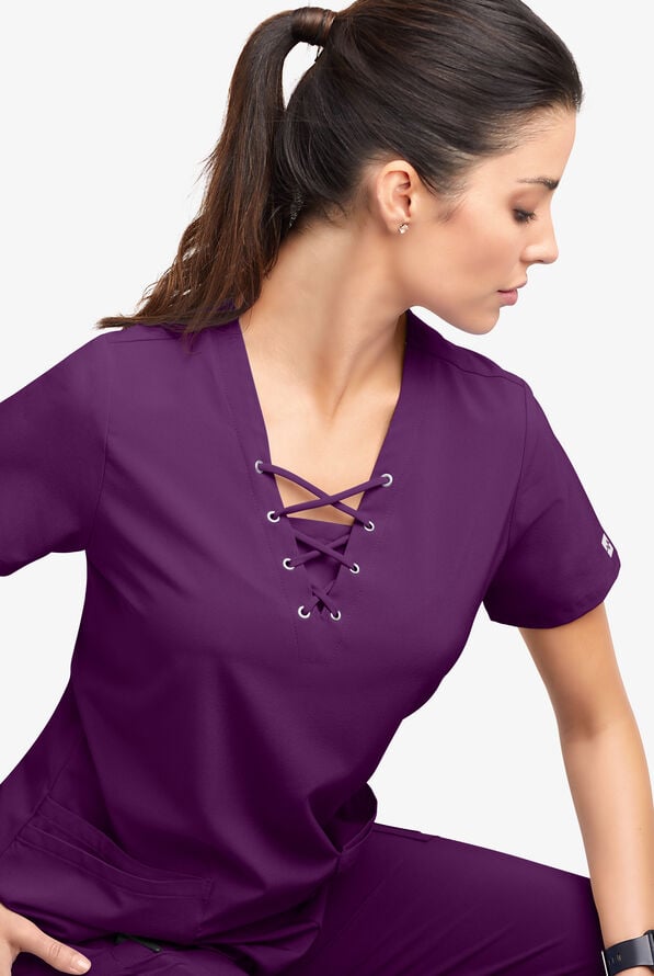 Easy STRETCH Gisele Women's 4-Pocket Lace Up V-Neck Scrub Top - Eggplant - 5