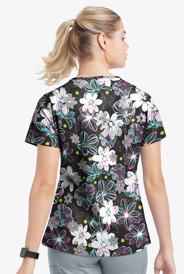 Strictly Scrubs STRETCH Floral Mirage Women's 4-Pocket Grommet Neck Print Scrub Top - null - 3