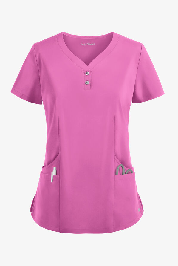 Easy STRETCH Demi Women's 4-Pocket Henley Scrub Top - Magnesium Pink - 1