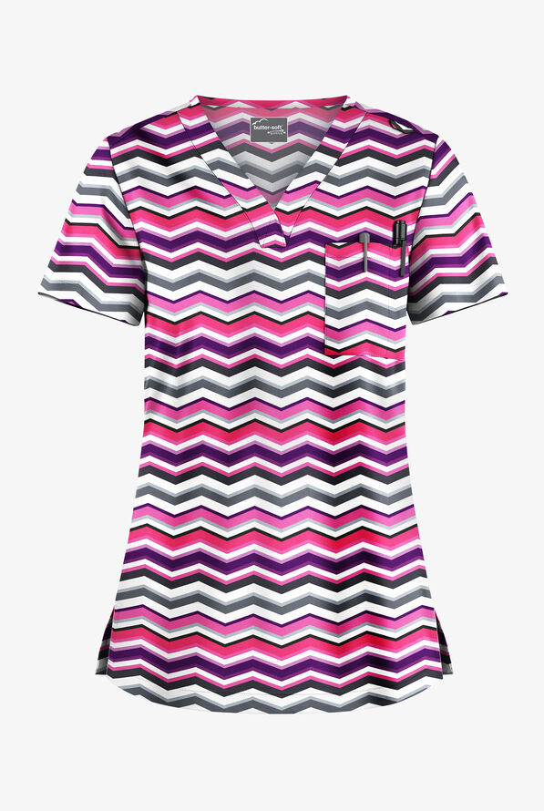 Butter-Soft STRETCH Miami Deco Rosebud Women's 1-Pocket V-Neck Print Scrub Top - null - 1