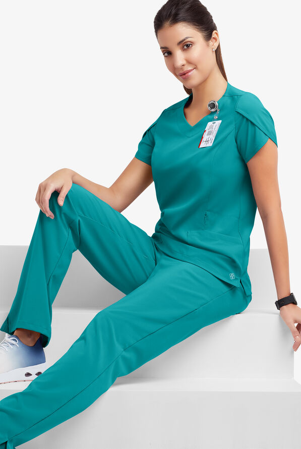 Easy STRETCH Daisy Women's 4-Pocket V-Neck Scrub Top with Petal Sleeves - Teal - 8