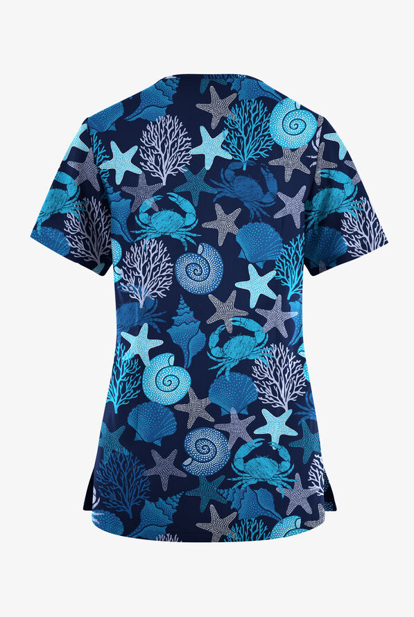Butter-Soft Originals Beach Day Navy Women's 7-Pocket Curved V-Neck Print Scrub Top - null - 2