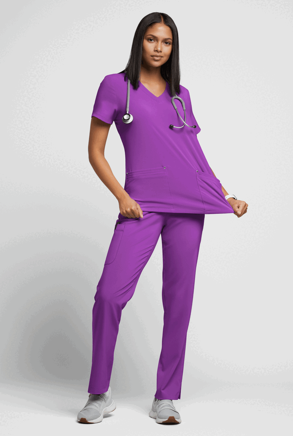 Easy STRETCH Lina Mitered Women's 4-Pocket V-Neck Scrub Top - Fresh Purple - 4