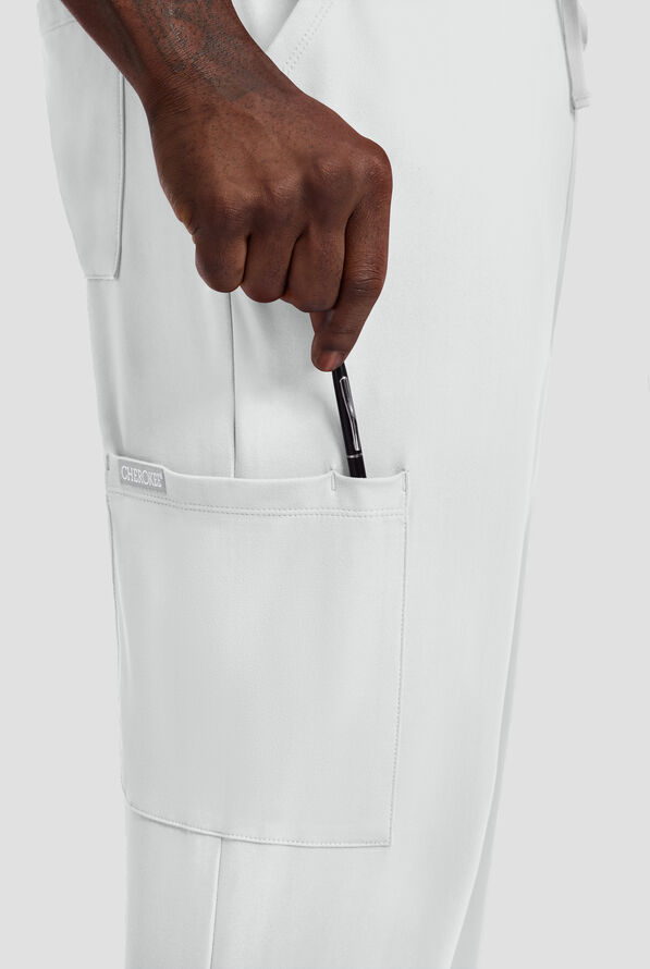 Cherokee Achieve Men's 5-Pocket STRETCH Straight Leg Cargo Knit Scrub Pants - White - 2