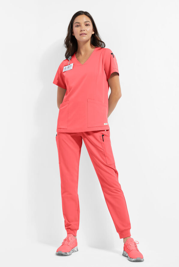 ReSurge Ruby Women's 5-Pocket Curved V-Neck Top - Coral Fizz - 2