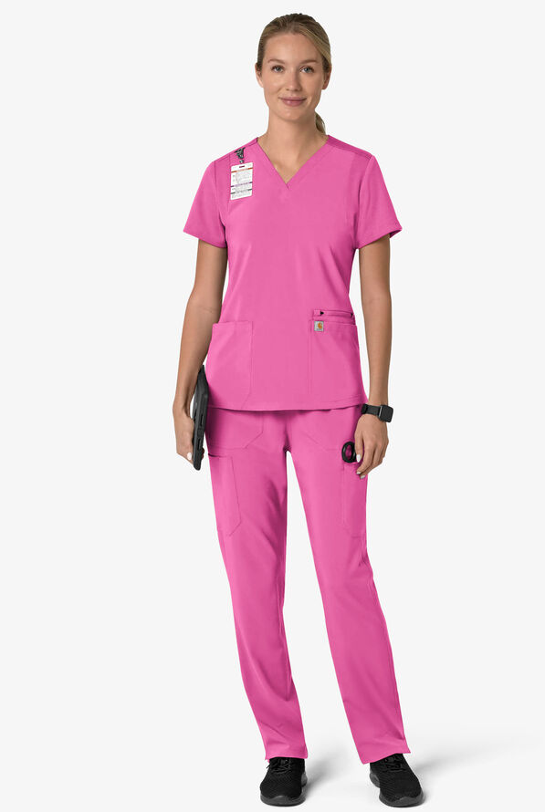 Carhartt Cross-Flex Force Women's 3-Pocket STRETCH Knit Panel Scrub Top - Electric Fuchsia - 4