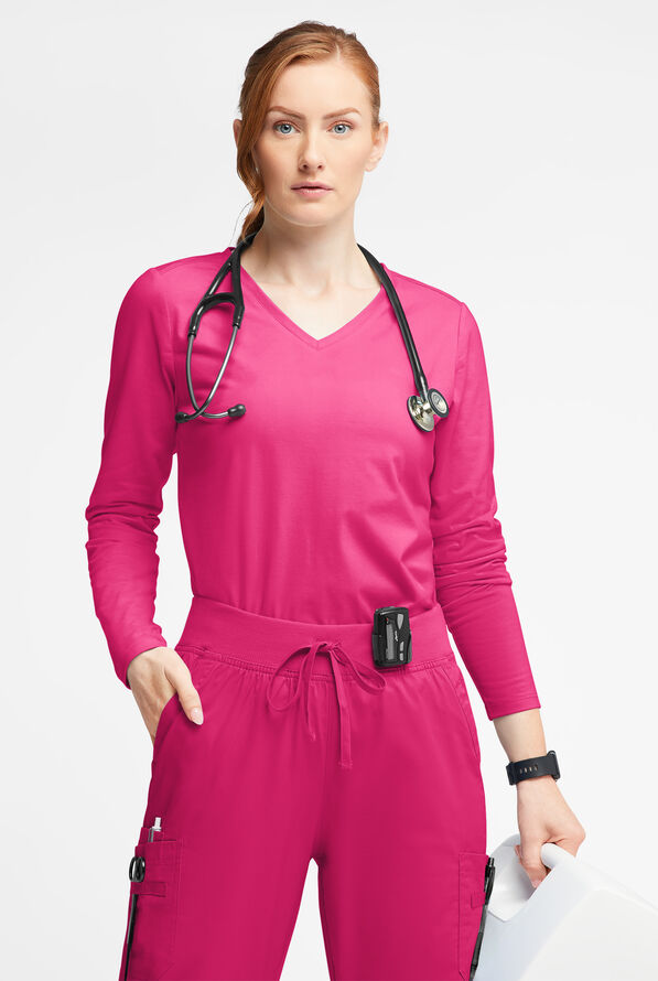 Butter-Soft STRETCH Women&rsquo;s Cotton-Rich V-Neck Knit Underscrub - Fuchsia - 3