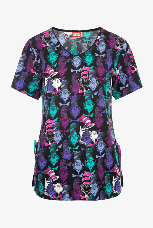 Tooniforms Dr. Seuss One Colorful Cat Women's 2-Pocket STRETCH V-Neck Print Scrub Top - null - 1