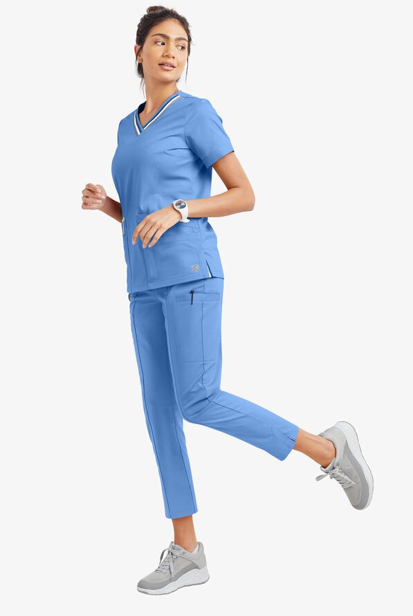 Butter-Soft STRETCH Women's 6-Pocket Pin-Tuck Crop Slim with Sport Trim Detail Scrub Pants - Ceil/Silver Melange - 5