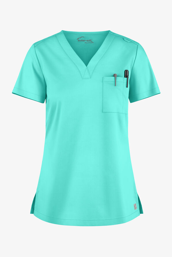 Blusa m&eacute;dica Butter-Soft STRETCH con cuello en V y 2 bolsillos para mujer - Aqua Dust - 1