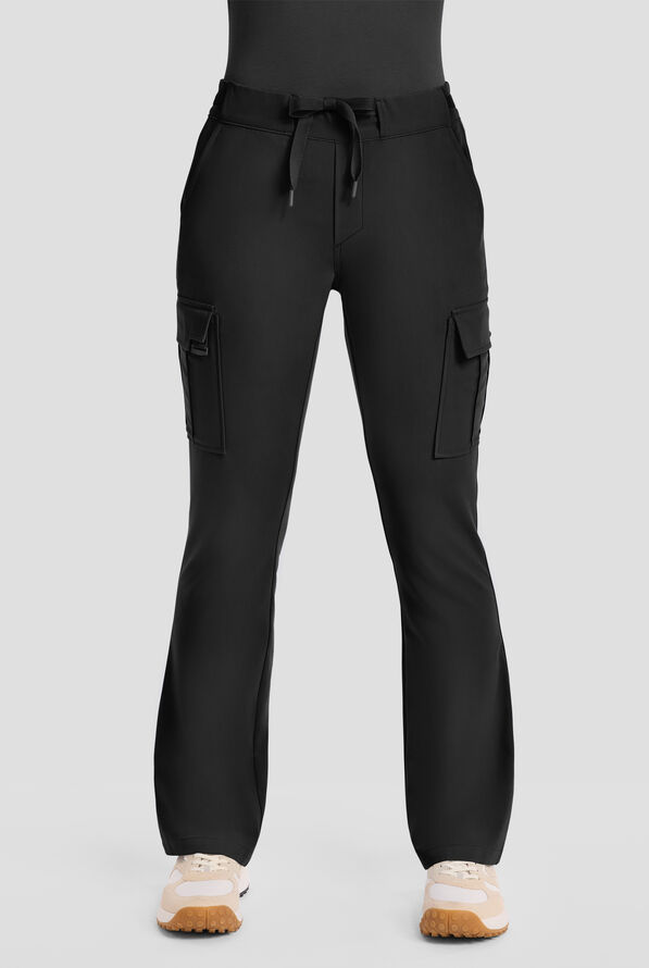 Healing Hands Quest Blair Women's 6-Pocket STRETCH Flare Leg Drawstring Cargo Scrub Pants - Petite - Black - 1